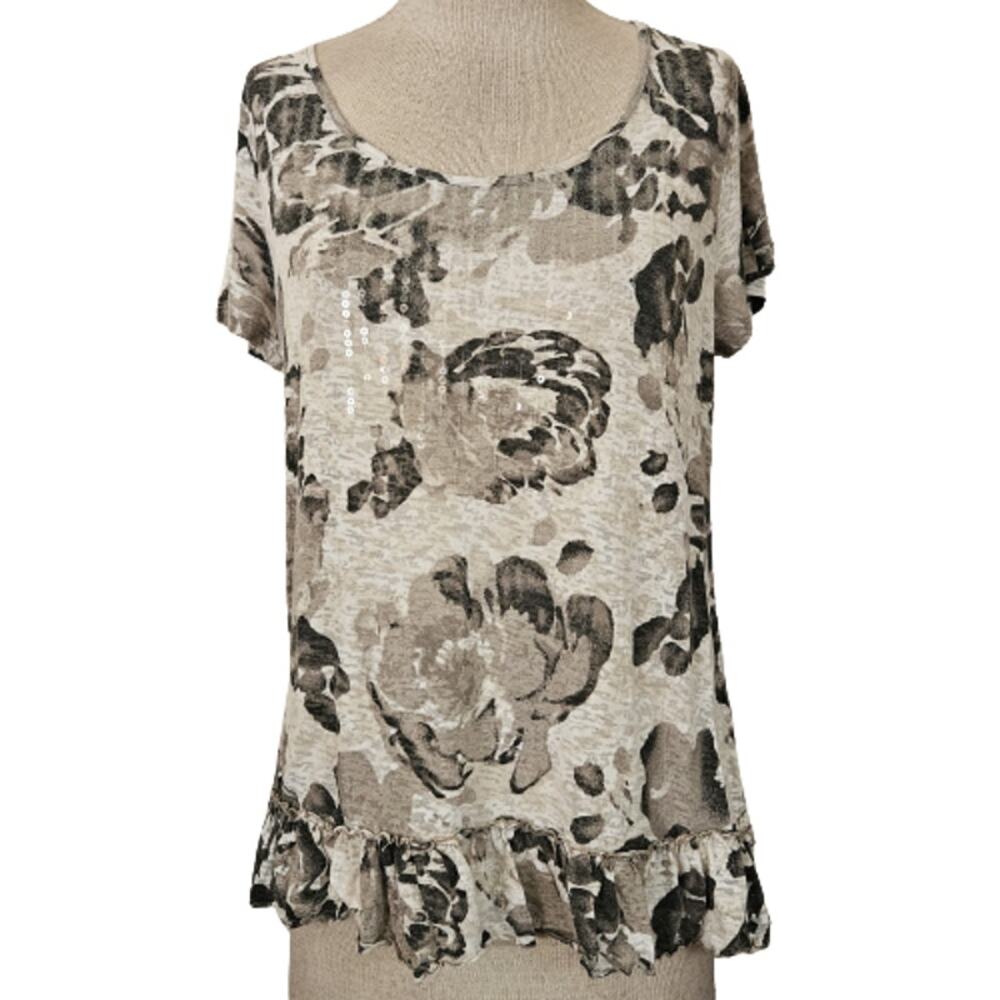 Grey Floral Short Sleeve Sequin Top Size Medium